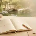 Carnet ouvert avec une ligne de suivi en pointillés et stylo cuivré, devant un jardin zen, image du suivi client entre séances