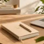 Carnet beige fermé avec stylo doré sur un bureau, près d'un ordinateur portable et d'un café, symbole du suivi client