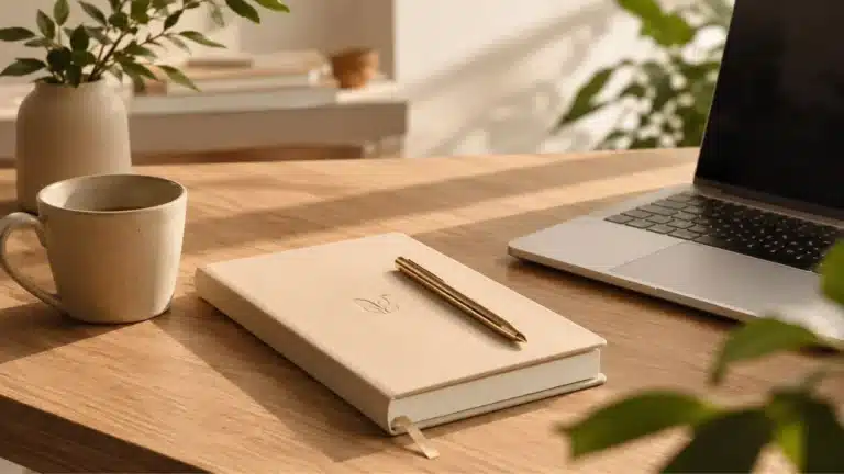 Carnet beige fermé avec stylo doré sur un bureau, près d'un ordinateur portable et d'un café, symbole du suivi client