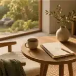 Coin de coaching apaisant avec carnet ouvert, café et fauteuil près d'une fenêtre ensoleillée, évoquant la présence en séance