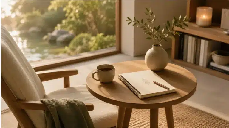 Coin de coaching apaisant avec carnet ouvert, café et fauteuil près d'une fenêtre ensoleillée, évoquant la présence en séance