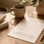 Fiche Session Worksheet avec points clés, engagement et prochaine étape, sur un bureau avec thé, livres et bougie