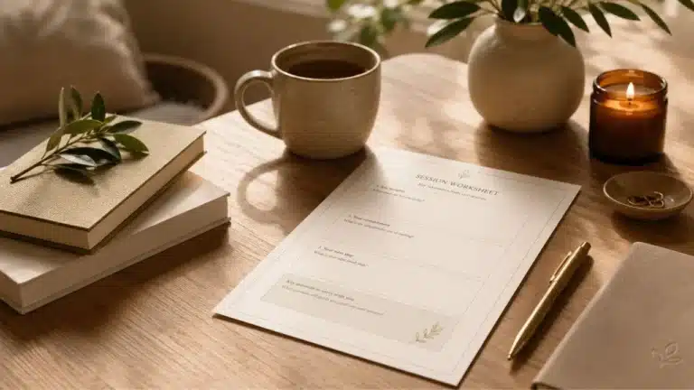 Fiche Session Worksheet avec points clés, engagement et prochaine étape, sur un bureau avec thé, livres et bougie