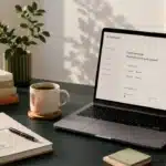 Coach's desk with a laptop showing a Humavio session dashboard, "Ready for your next session?", books and a notebook