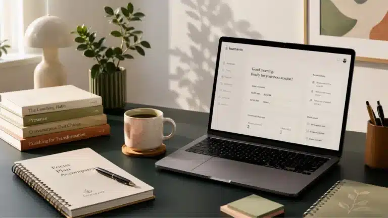 Bureau de coach avec un ordinateur affichant un tableau de bord de séances Humavio, carnet et livres de coaching