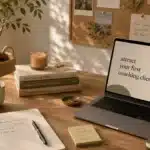 Bureau chaleureux de coach : écran "attract your first coaching clients", carnet avec liste d'actions pour trouver des clients