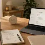 Bureau de coach avant une séance : checklist manuscrite, minuteur et ordinateur affichant la fiche client