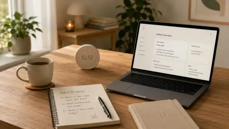 Bureau de coach avant une séance : checklist manuscrite, minuteur et ordinateur affichant la fiche client
