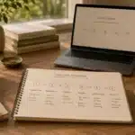 Carnet esquissant un programme de coaching en 6 étapes, des fondations aux résultats, près d'un ordinateur portable