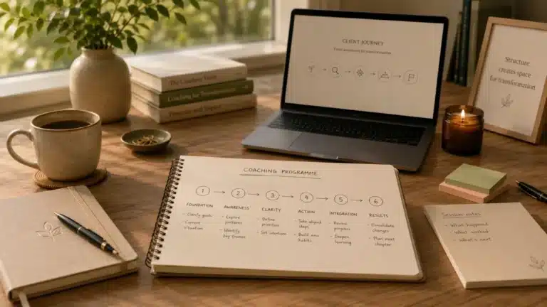 Carnet esquissant un programme de coaching en 6 étapes, des fondations aux résultats, près d'un ordinateur portable