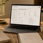 Laptop on a warm desk showing a Humavio coach dashboard greeting Welcome back, Coach, with sessions, clients and notes