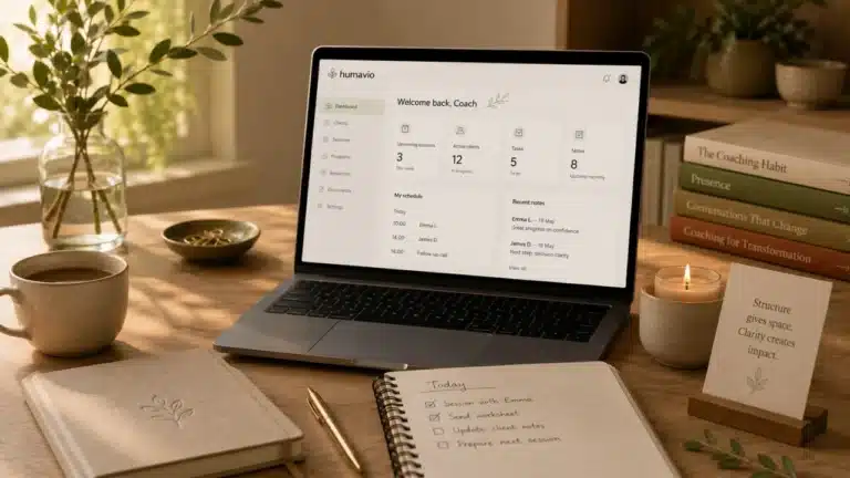Ordinateur portable sur un bureau chaleureux affichant un tableau de bord coach Humavio avec séances, clients et notes