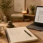 Bureau apaisant avec carnet de bilan de fin de journée et ordinateur affichant Take care of yourself to be fully present