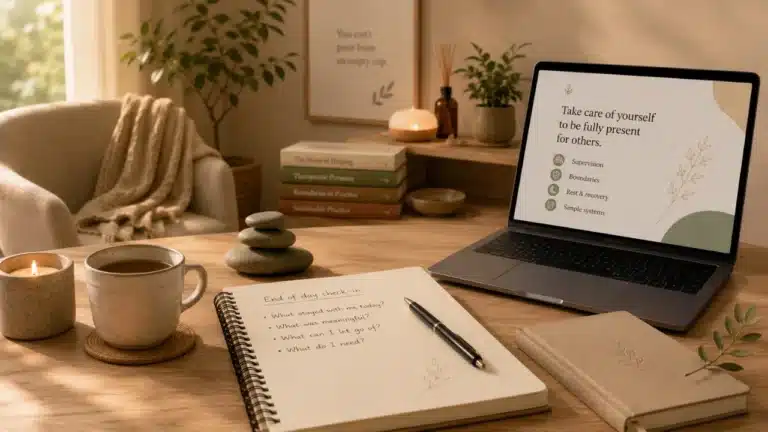Bureau apaisant avec carnet de bilan de fin de journée et ordinateur affichant Take care of yourself to be fully present