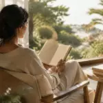 Woman reading a book in a sunlit armchair, facing a garden and the sea