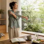 Une femme s'étire près d'une grande fenêtre, carnet, thé et repas simple posés sur une table en bois