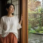 Une femme japonaise en lin se tient à une porte en bois, regardant un jardin sous la pluie