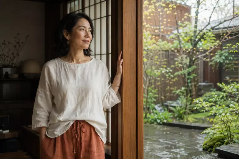 Une femme japonaise en lin se tient à une porte en bois, regardant un jardin sous la pluie