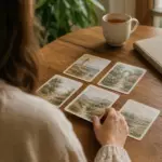 Les mains d'une coach étalent des cartes illustrées sur une table en bois chaleureuse dans la lumière du matin