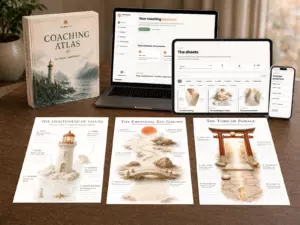 Atlas de coaching sur ordinateur portable, tablette et téléphone, avec le coffret et trois fiches de coaching imprimables