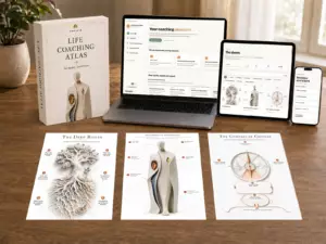 L'Atlas du coaching de vie sur ordinateur portable, tablette et téléphone, avec le coffret et trois fiches de coaching de vie imprimables