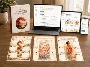 L'Atlas de la ménopause sur ordinateur portable, tablette et téléphone, avec le coffret et trois fiches d'accompagnement sur la ménopause à imprimer